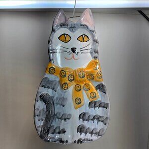 Wall Hanging Boho Pottery Cat Made in Italy Glazed Gray & Yellow